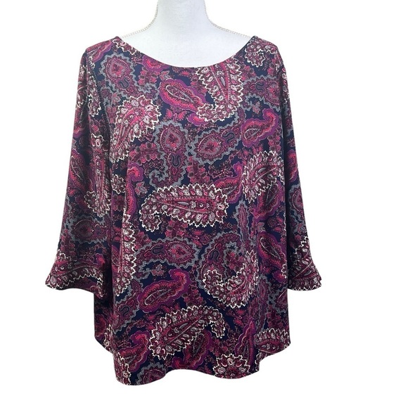 Talbots 2XP Blouse Shirt Top 3/4 Peplum Sleeve Paisley Print Multicolor Side Zip - Picture 1 of 8